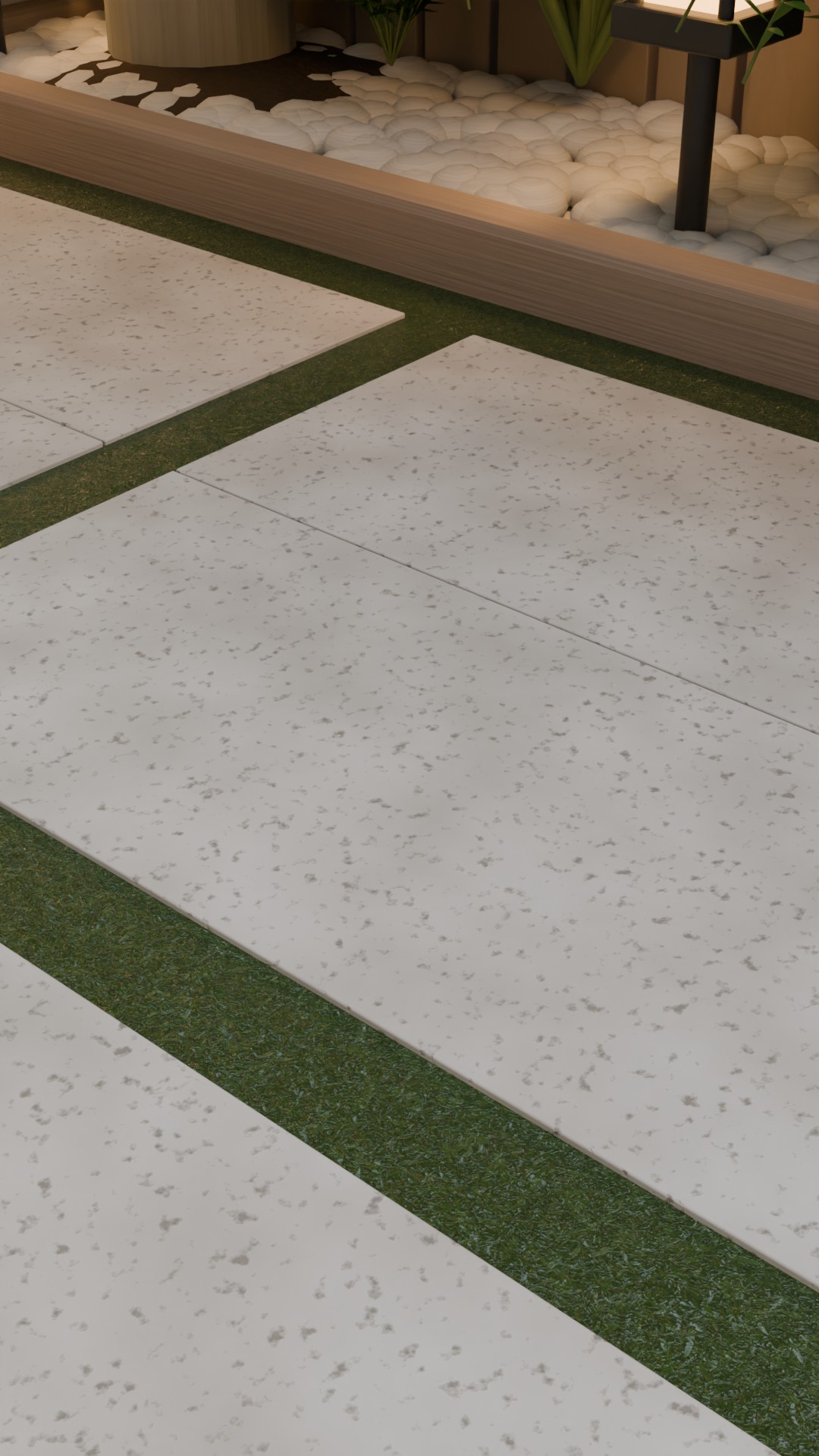 Detalhe do paver e das juntas verdes